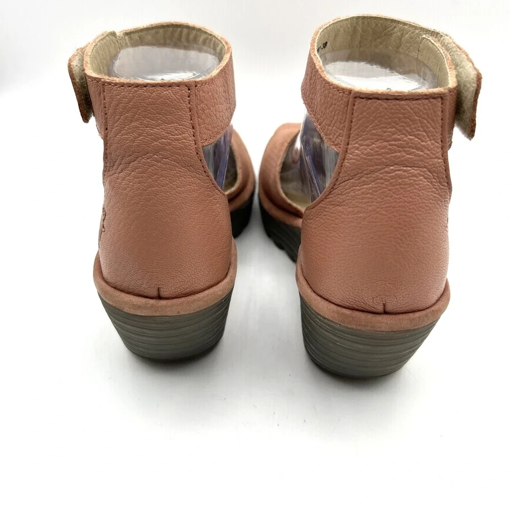 Fly London Wedge Sandals Womens 38 Pink Leather Perforated Ankle Strap Peep Toe